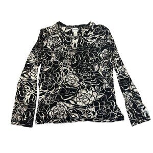 Chicos Size 2 L Black & White Floral Long Sleeve Top Cottage Stretch Career